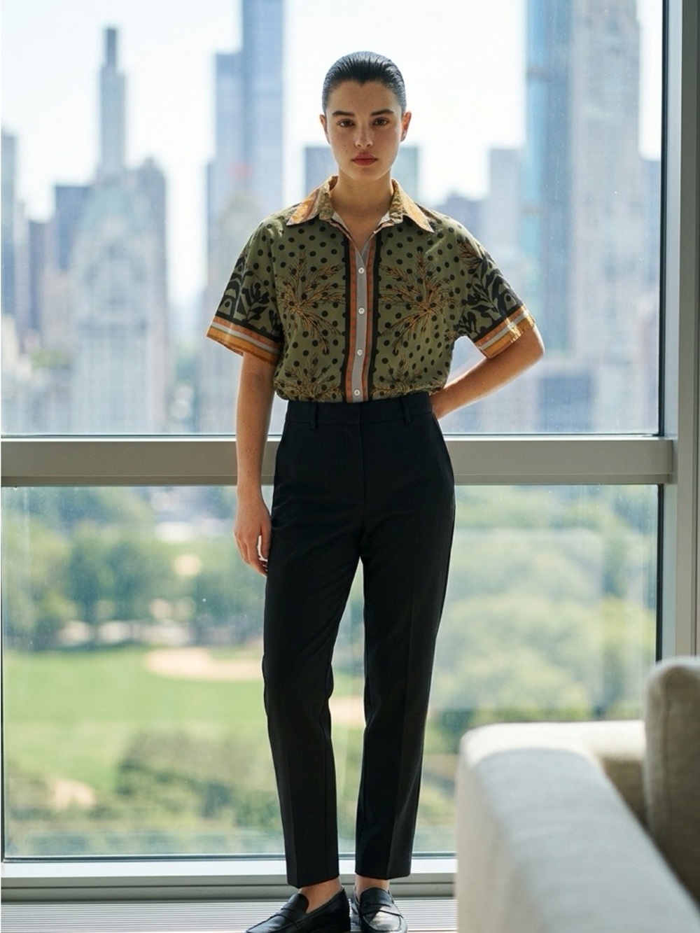 Olive Patterned Short-Sleeve Button-Up Blouse